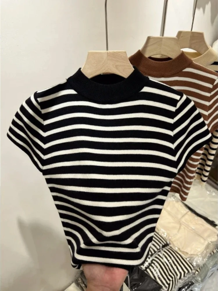2026 패션 슬림핏 탑 터틀넥 풀오버 스트라이프 스웨터 셔츠 여성용 초봄 및 가을 반팔 이너 셔츠