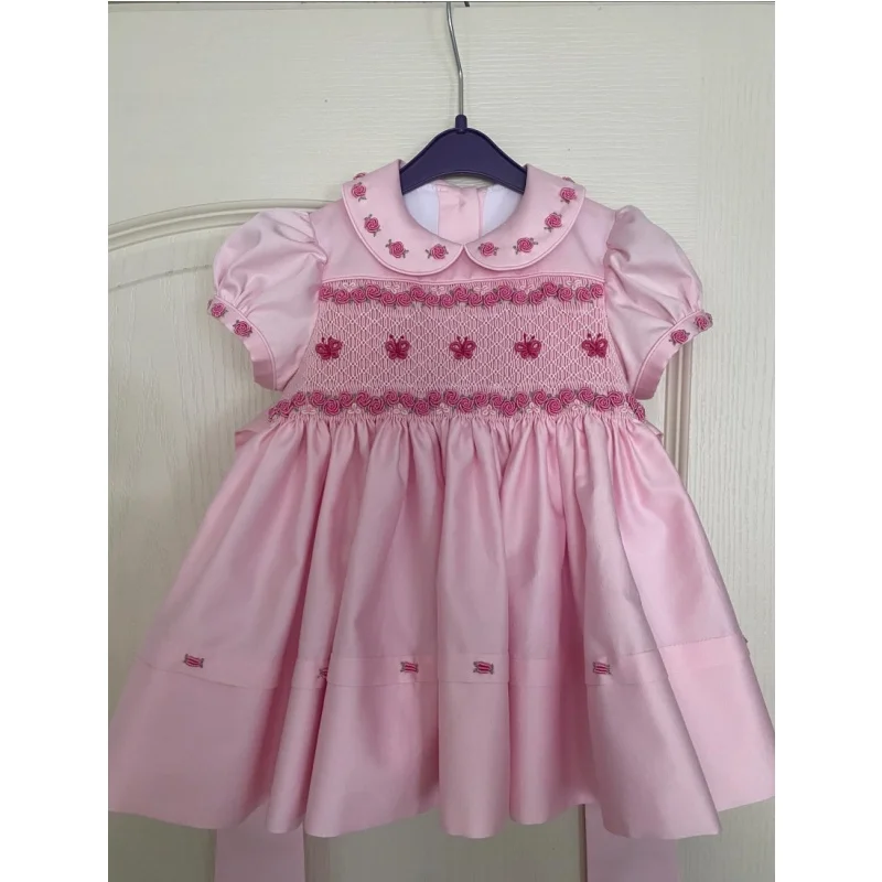 Summer Baby Girl Pink Hand Smocked Rose Butterfly Embroidery Vintage Dress for Party Birthday Photography A344