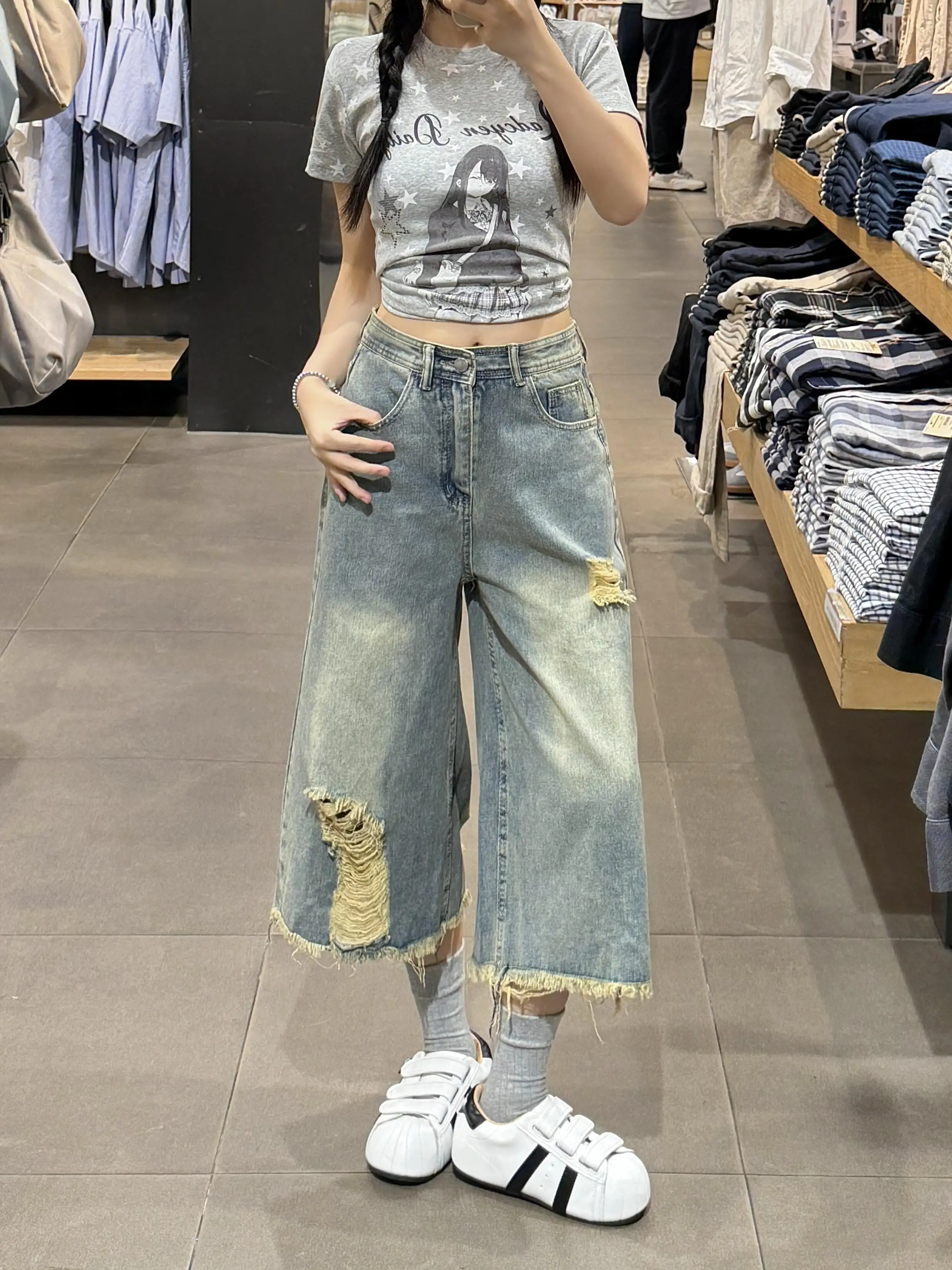 Sweet Cool Spicy American Style Water Washed Seven-Foot Jeans Shorts Women Summer New Hole Ripped Straight Leg Wide Leg Shorts