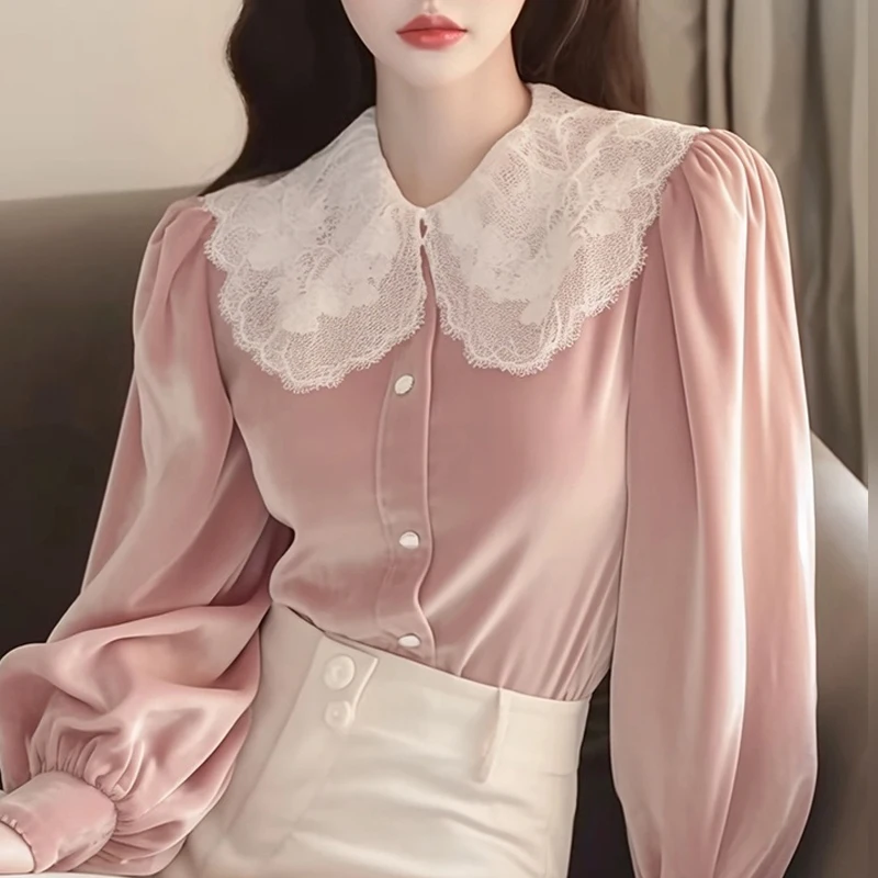 French Style Women Sweet Ladies Lace Patchwork Lantern Sleeve Velour Top Shirt , Woman Velvet Tops Shirts