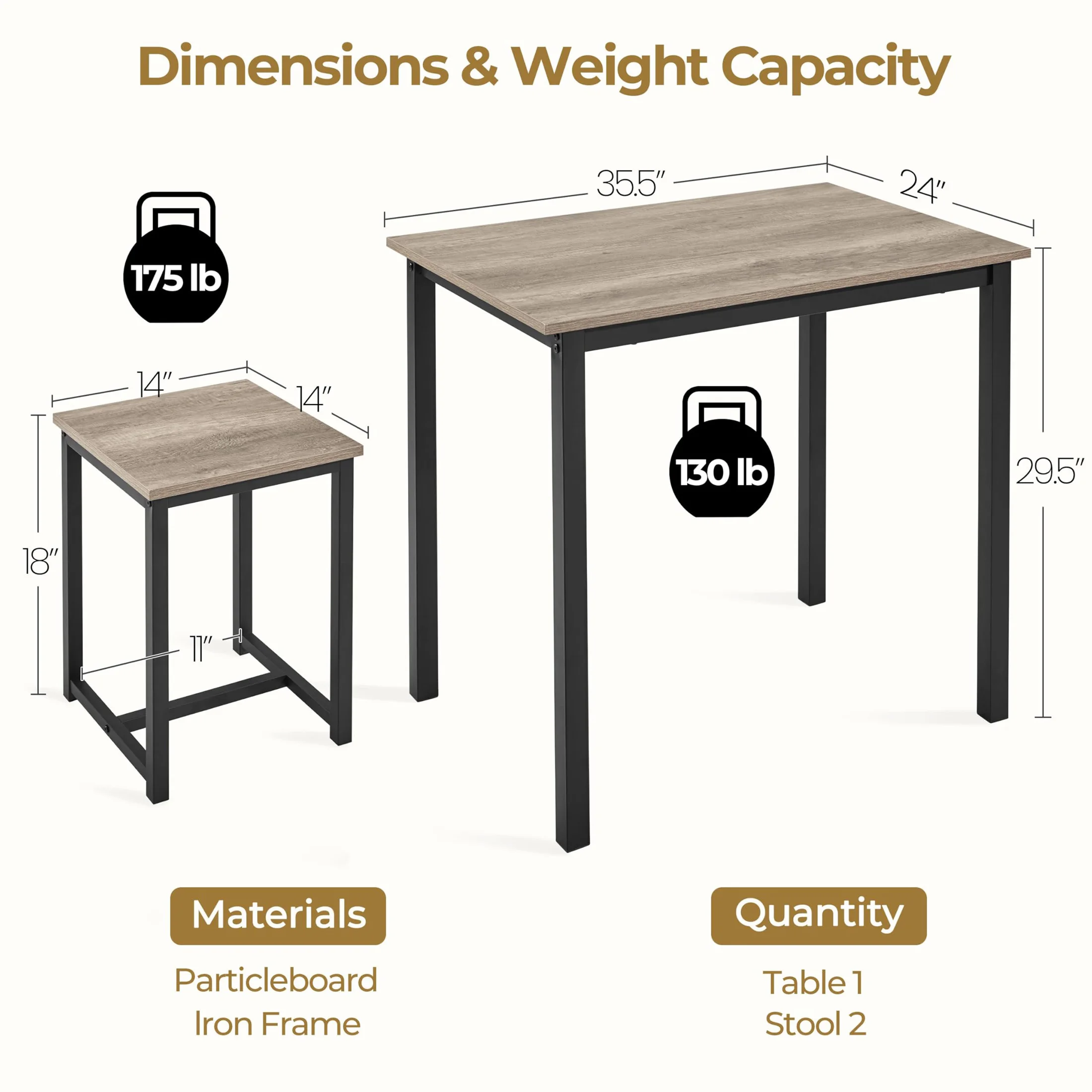 3 Piece Dining Table Set, Inrial Kitchen Table and Chairs for 2, Compact Space Saving Furniture for Dining Room Living Room Apartment, Gray