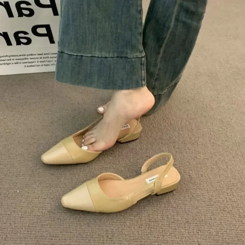 24Low Heel Baotou Sandals Women's French Nude Color Pointed Small Fragrant Style Ladies Thick Heels Back Air Style Single Shoes