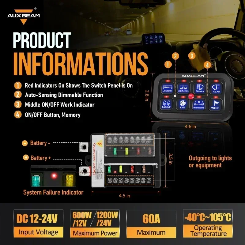 AUXBEAM 8 Gang Blue Backlight Switch Panel Kit Electronic Power Relay System (One-Sided Outlet/Two-Sided Outlet) 12-24V DC 60A