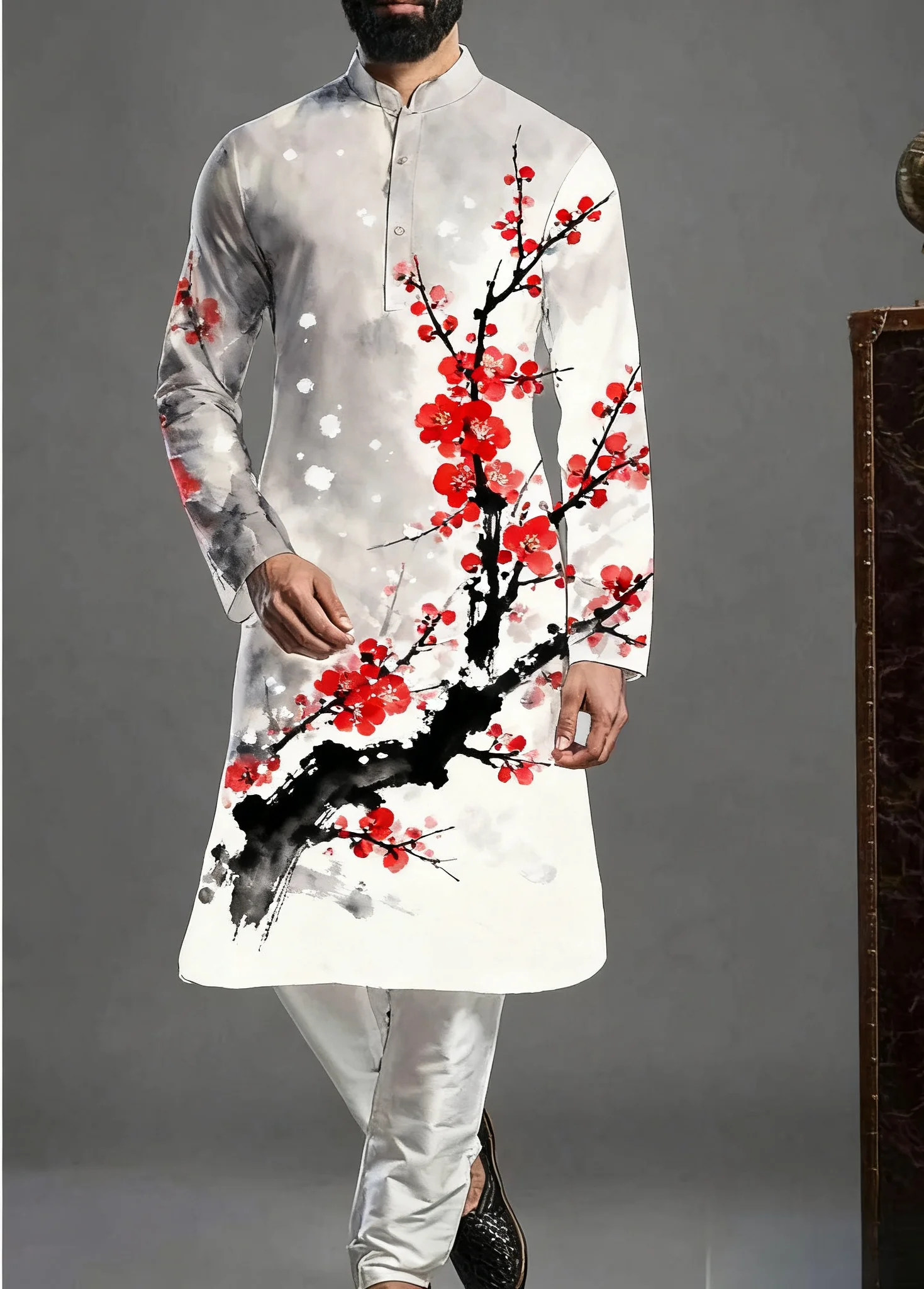 2025 Kurt bata regular de ajuste casual de moda kurtaasuha con estampado para hombre adecuada para todas las ocasiones