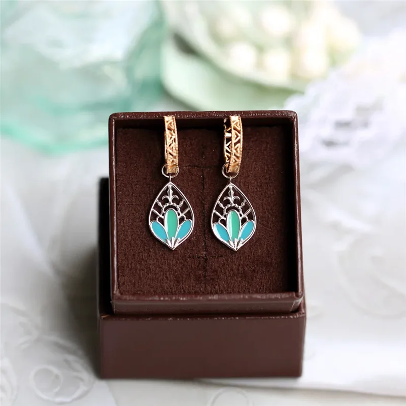 

LAMOON Vintage Stud Earring Enamel Peacock Feather Shape Drop Earrings 100% Handmade Luxury Fine Jewelry Hollow Bijoux EI188