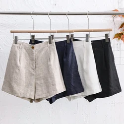 2024 Summer 100% Linen Women'S Shorts Casual High Waist Wide Leg Button Up Elegant Ol Short Pants Femme