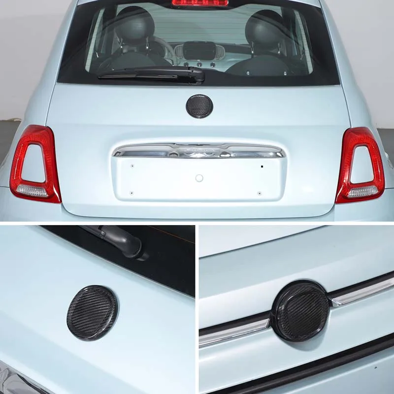 ToMong For Fiat 500 16-25 Real Carbon Fiber Car Front Rear Car Logo Emblem Badge Ring Cover Trim Car Upgrade Accessories