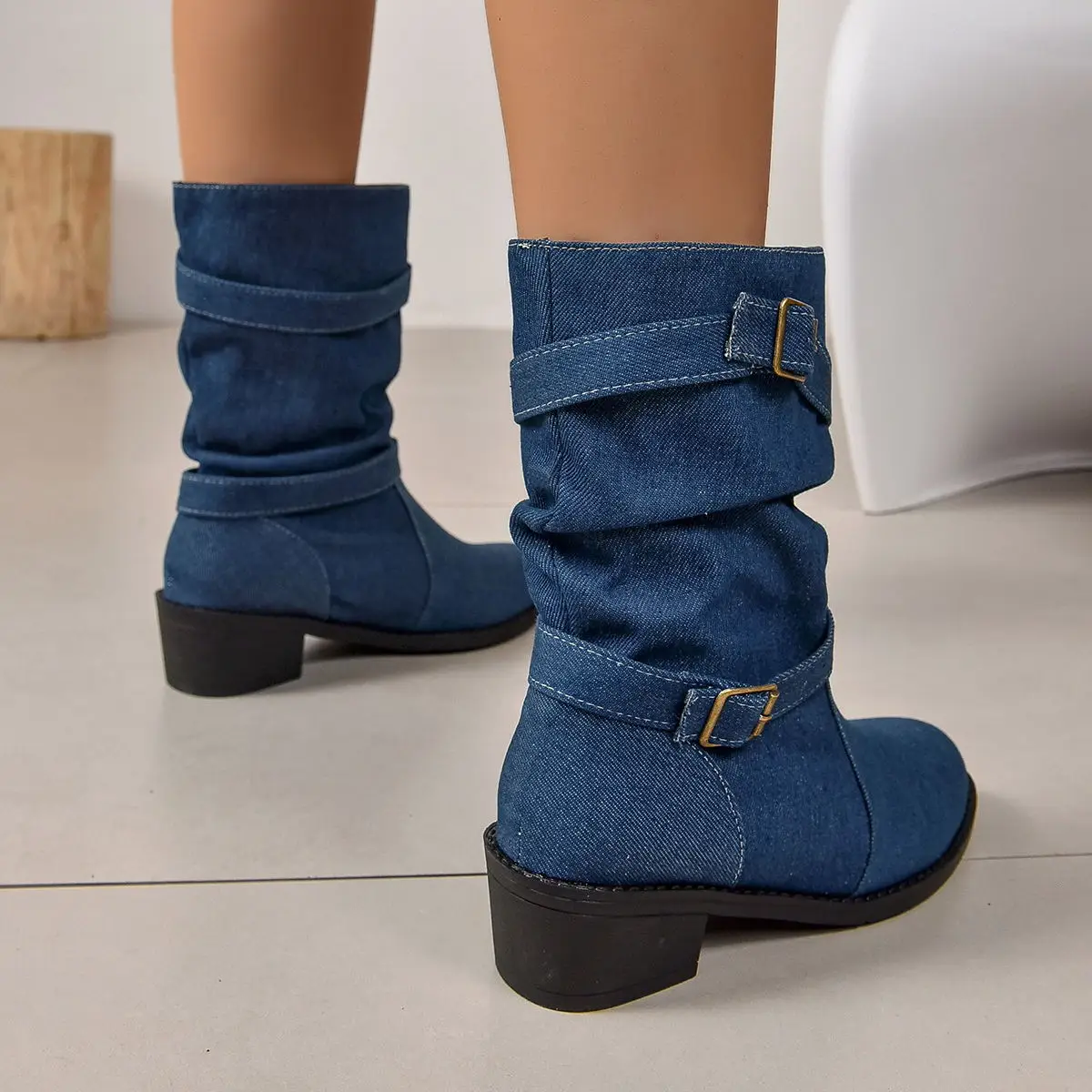 Women\'s boots Fashion buckle autumn/winter new denim blue square heel mid-calf boots plus size women\'s shoes