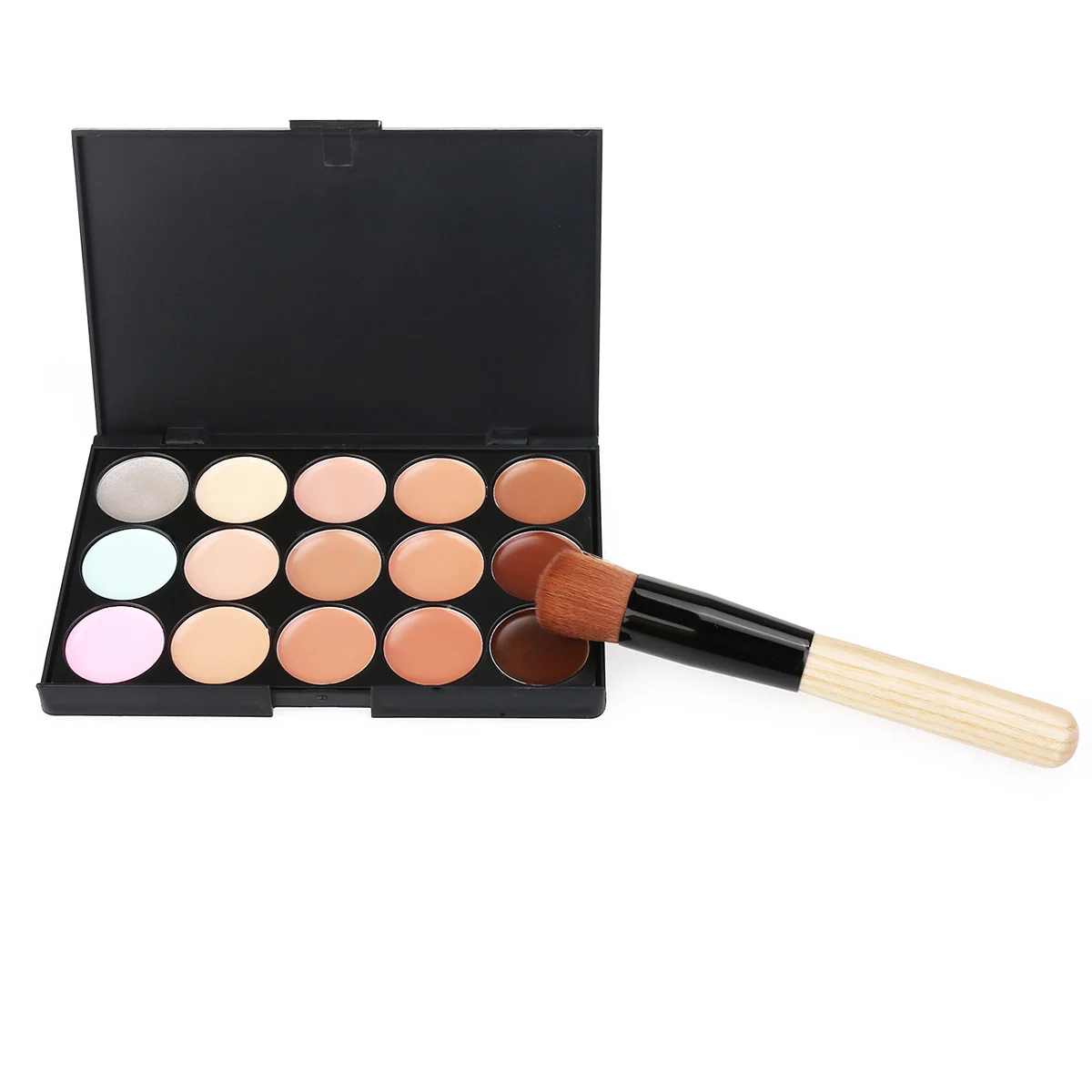 Brocha correctora con cabezal inclinado para crema facial, aplicador de colorete de maquillaje, paleta de 15 colores, apto para viajes, todo tipo de piel