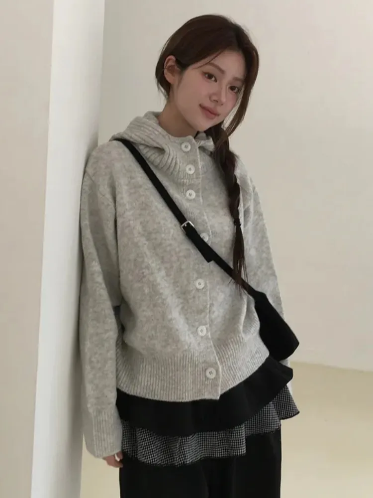 Laid-ba Sle вязаный кардиган с капюшоном на одной пуговице, женский осенний свитер 2023, новый однотонный топ маленького размера