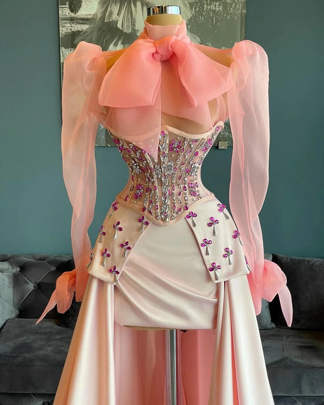 Vestidos De graduación De alta costura rosa, corte en A, mangas largas, tul con cuentas, Arabia Saudita, Dubai, vestido De noche personalizado