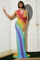 Vestido de fiesta de talla grande, Multicolor, estampado de arcoíris, sin mangas, maxivestido de malla