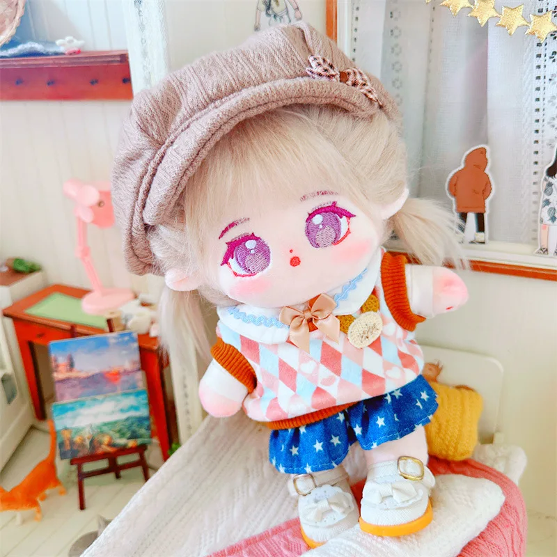 Kawaii English Checkered Set Plush Idol Doll for 20cm DIY Clothes Accessory Cute Soft Stuffed Cotton Dolls for Girls Kids Gifts