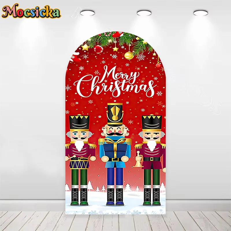 Mocsicka Merry Christmas Custom 2-Sided Arch Background Cover Nutcracker Xmas Tree Decor Kids Portrait Photo Backdrop Studio