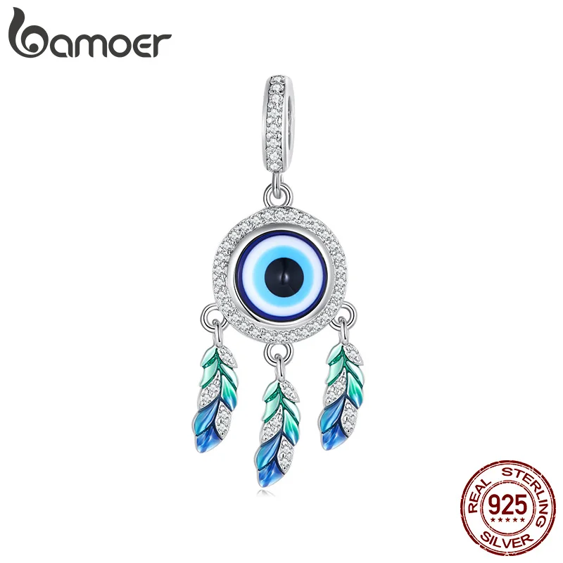 Bamoer 925 Sterling Silver Blue Devil's Eye Hanging Beads Dreamcatcher Pendant Charms for Women Bracelet DIY Fine Jewelry BSC785