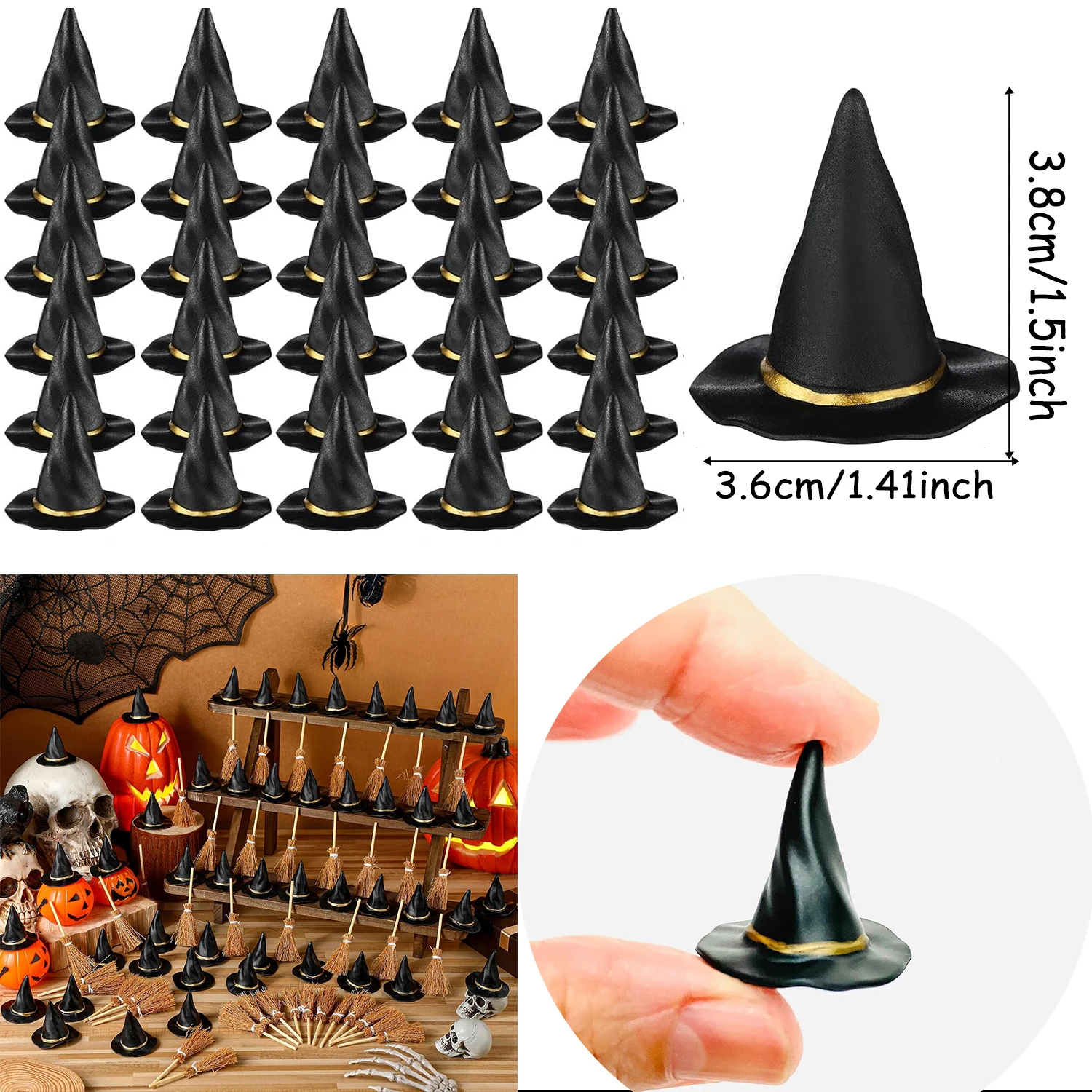 20-100 stuks: kleine heksenhoedjes met een miniatuurbezem, miniatuur rieten bezems met rood touw, voor Halloweenfeesten, knutselprojecten en als decoratie voor heksen.