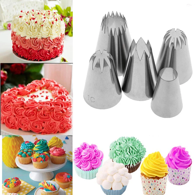 1 Set of 5 Large Stainless Steel Pastry Nozzles DIY Cake Decorating Kits