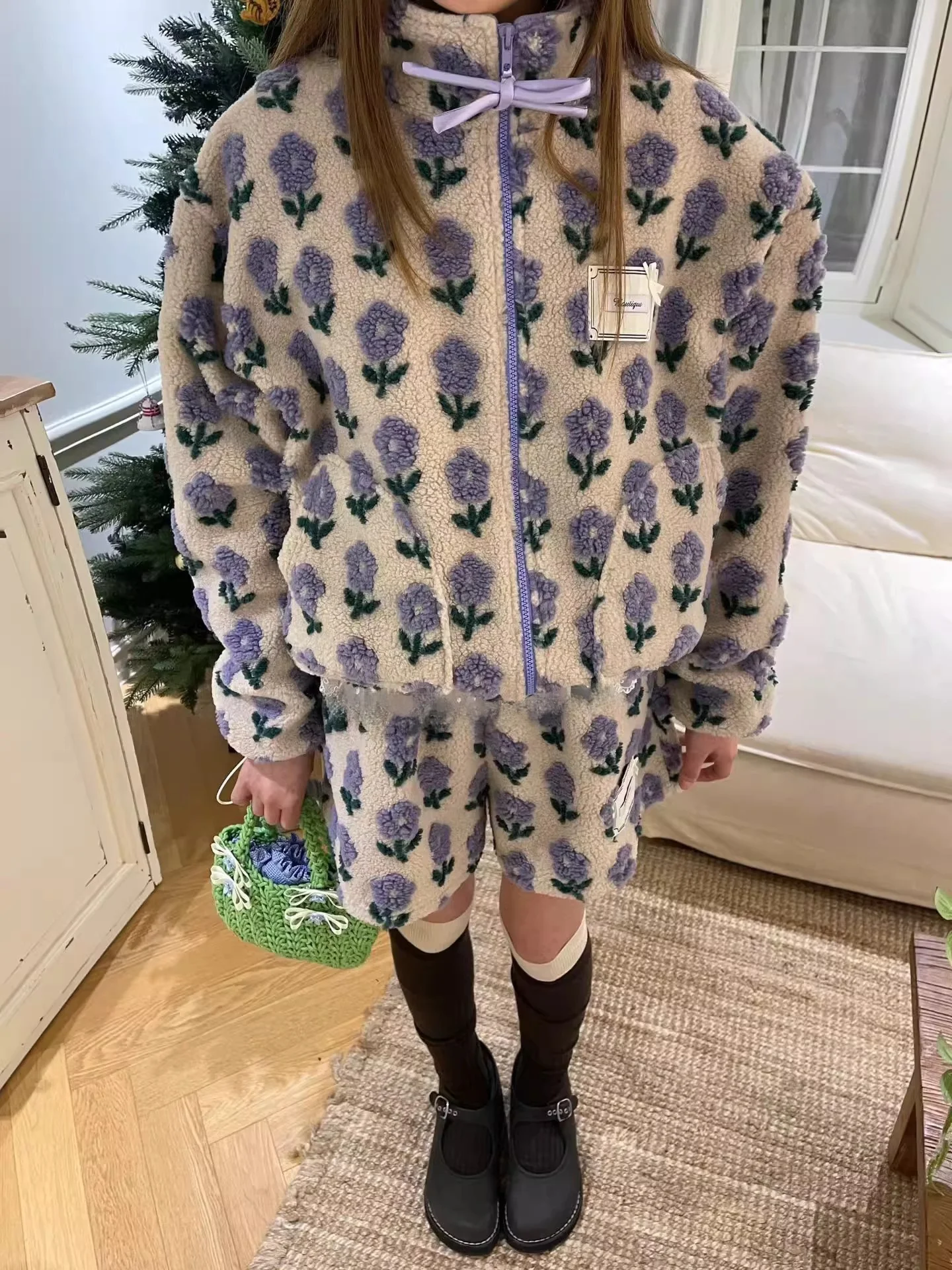 Retro Floral Print Lamb Fur Cotton Jaet Women's Autumn Winter High Waist Slimming Wide Leg ort Pants Two Piece Set