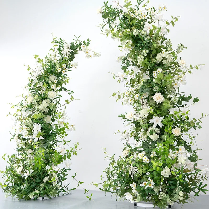 

Greenery White Rose Flower Moon Shape Horn Arch Floral Arrangement Wedding Backdrop Decor Event Party Stage Props Window Display