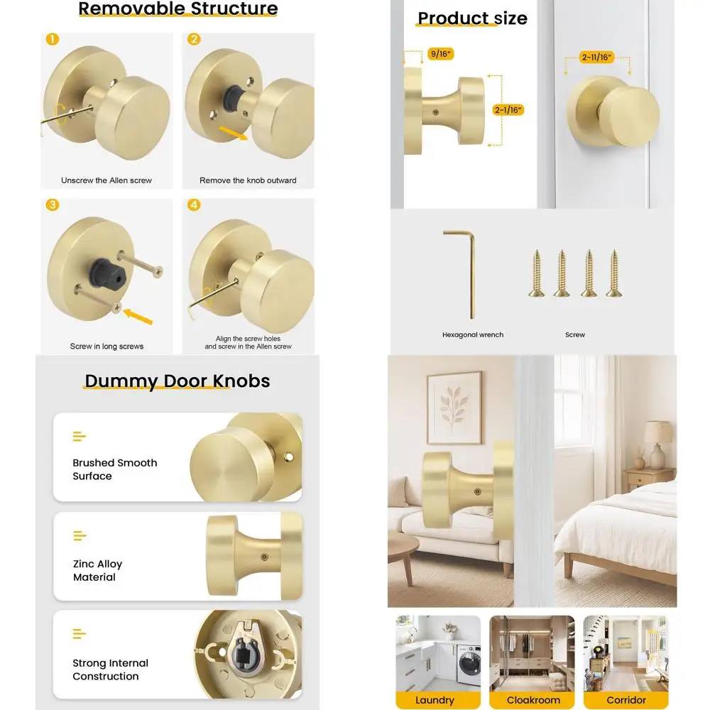 

6-Pack Heavy-Duty Zinc-Alloy Brushed Gold Interior Dummy Door Knobs for Hallway, No-Turn Design
