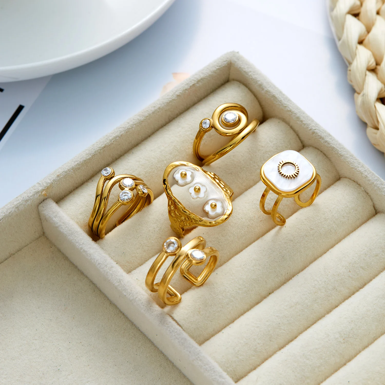 Vintage Cubic Zirconia Edelstahl Offene Ringe Set für Damen, Schicker MOP Geometrischer Ring, Party-Schmuck Geschenk, Anlaufgeschützt, Wasserdicht – Detail 6