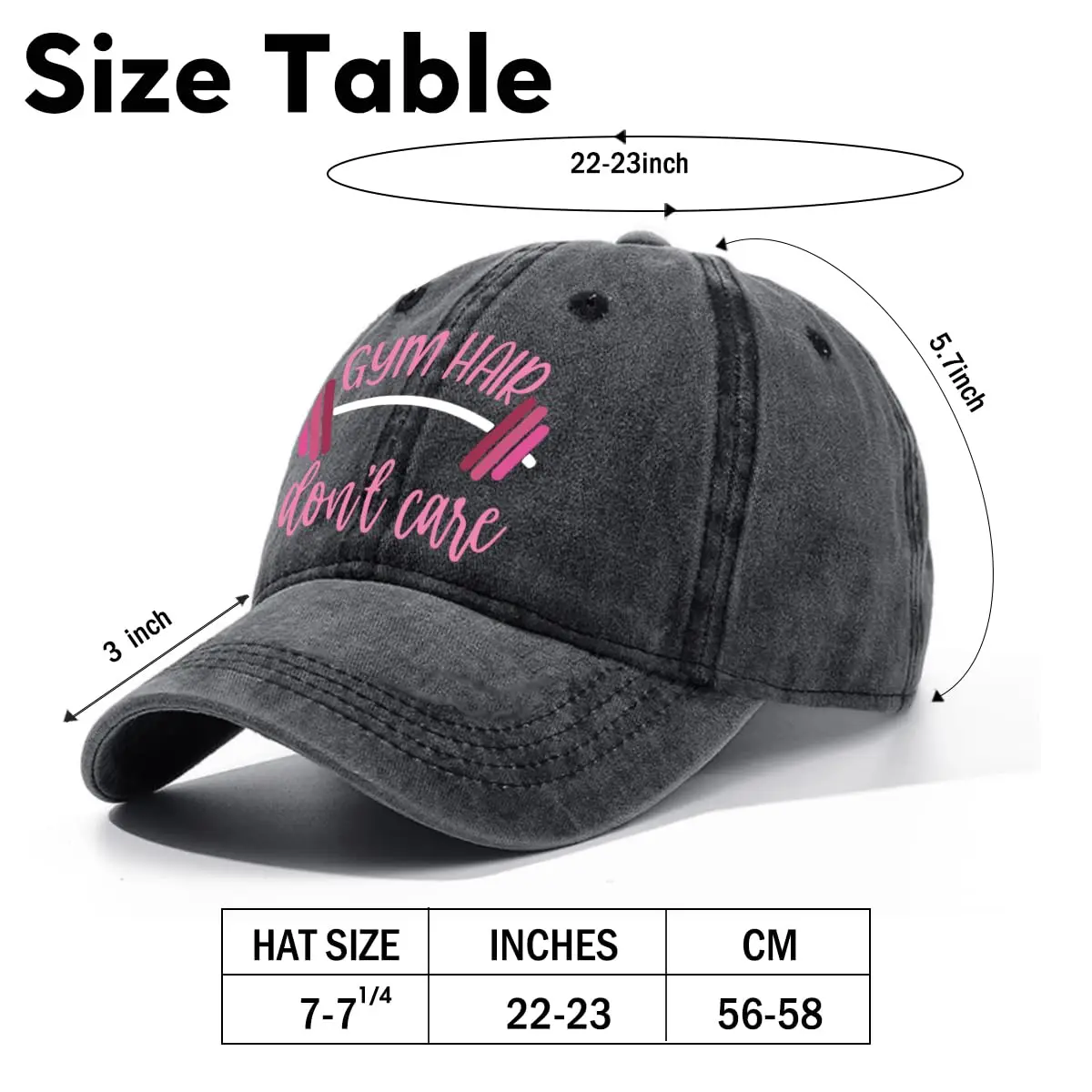 Gym Hair Don't Care Adjustable Washed Cotton Baseball Cap, Funny Retro Trucker Hat for Man Women Mom Wife Grandma Gym Lover