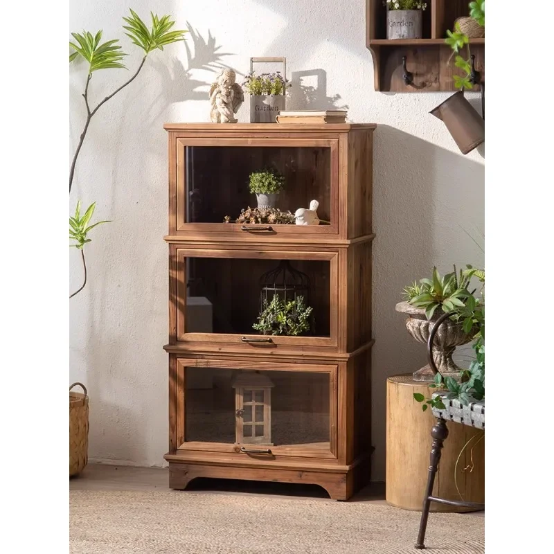 American bookcase solid wood retro with glass door shelf vertical cabinet floor locker wall integrated display cabinet