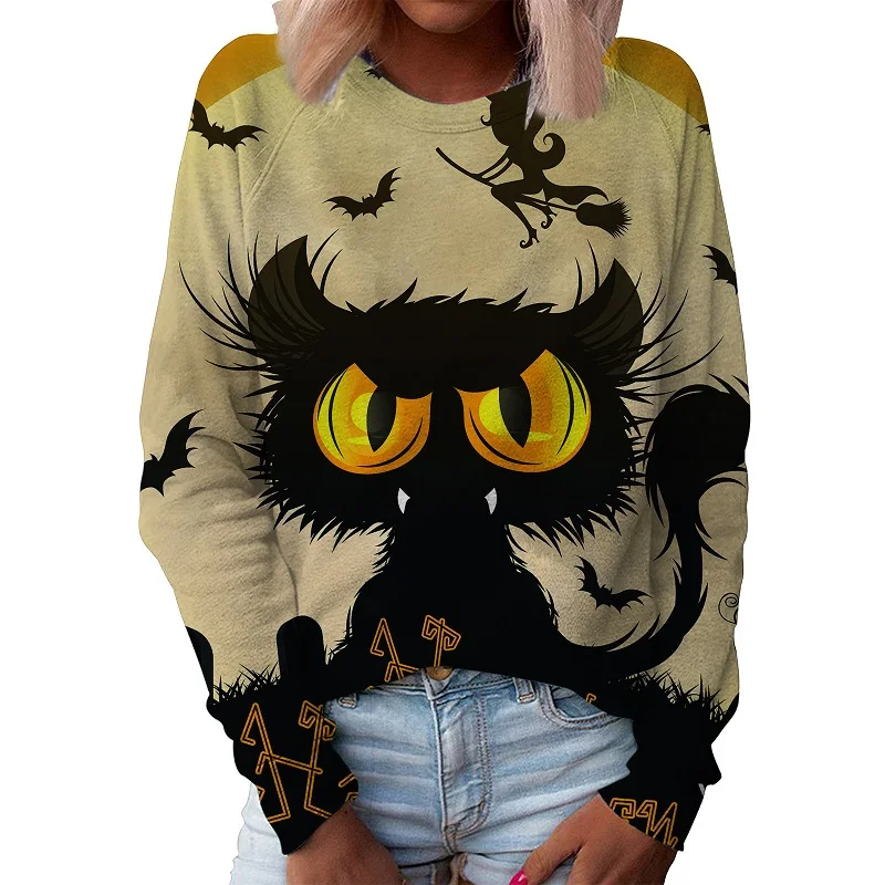 loween Print Long Sve round Ne Sweater Street Sle Women's Hoodie Thiened Cotton Blend Loose Fit Fall Faion