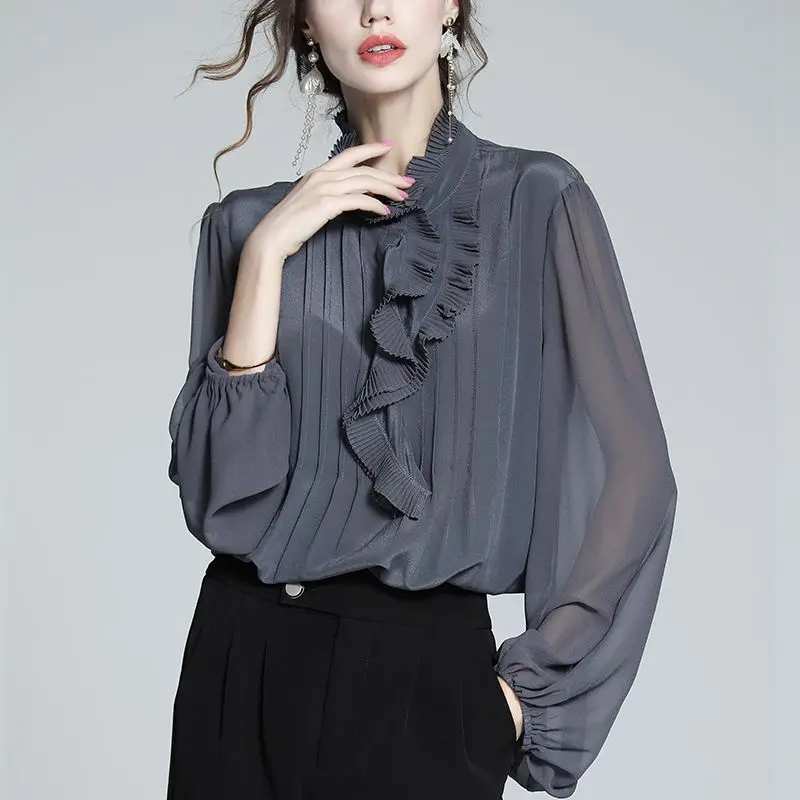 

Ladies Fashion Stand Collar Solid Color Shirts Autumn Temperament Pleated Long Sleeve Blouse Women Clothes Ruffles Pullovers