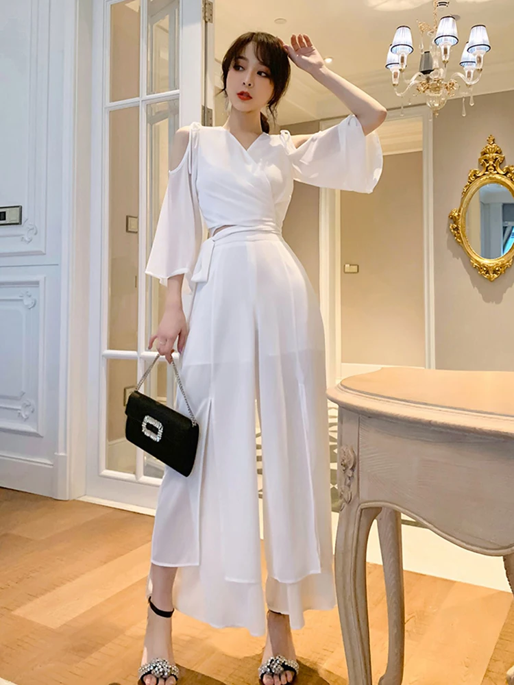 

Vintage Off-Shoulder Crop Tops Casual Chiffon Women OL High Waist Split Wide Leg Pants Fashion Laceup Shirt Blouse 2 Pieces Set