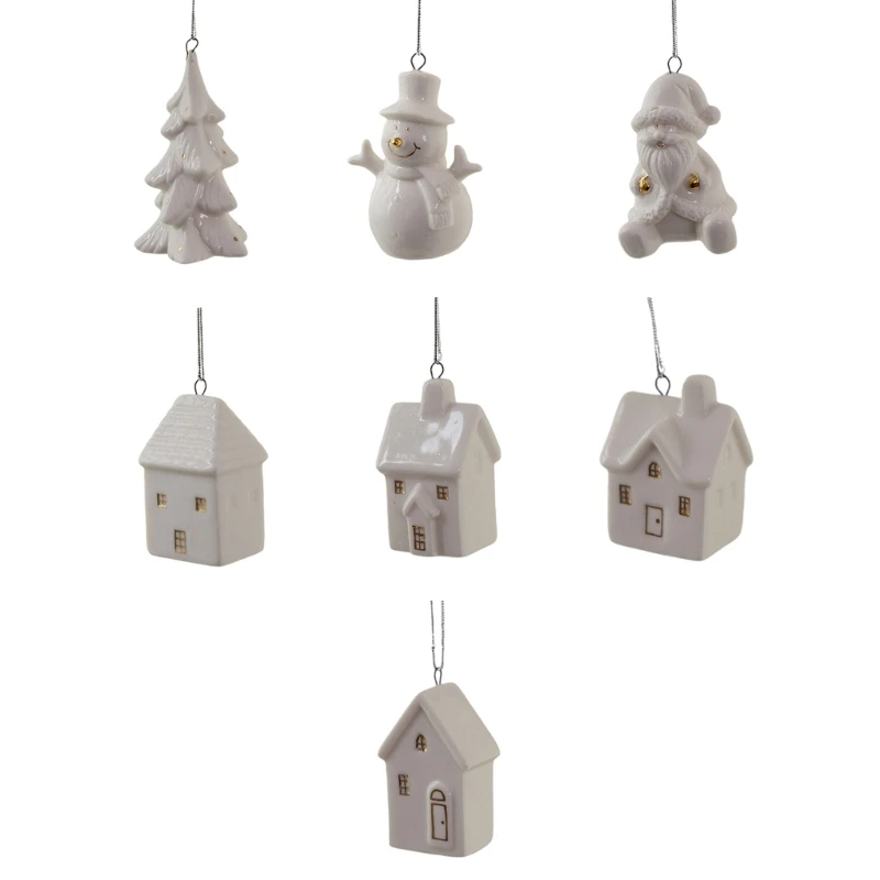 White Ceramic Christmas Tree Hanging Decoration House Pendant With Chimneies