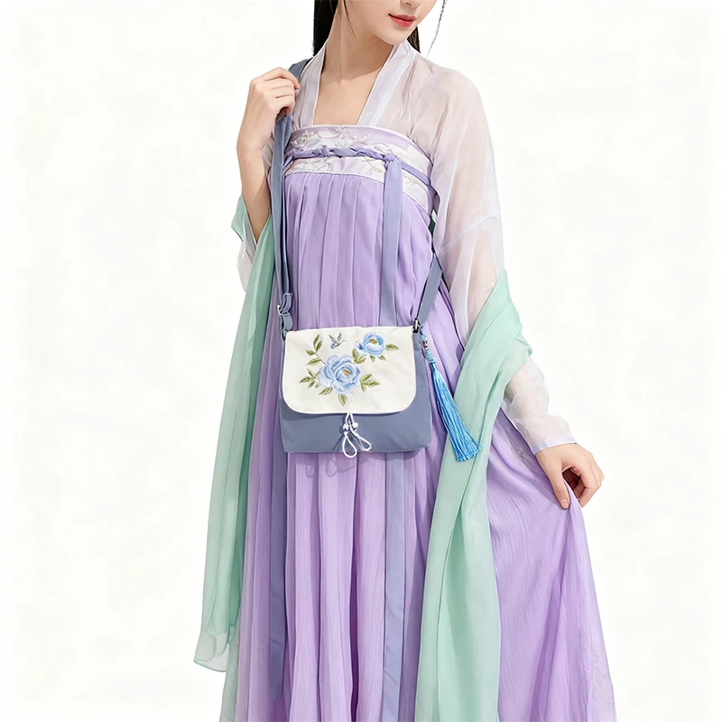 Chinese Artistic Satin Embroidery Bag Retro Cheongsam Hanfu Tassel Pendant Handbag Purse Ancient Style Literary Crossbody Bag