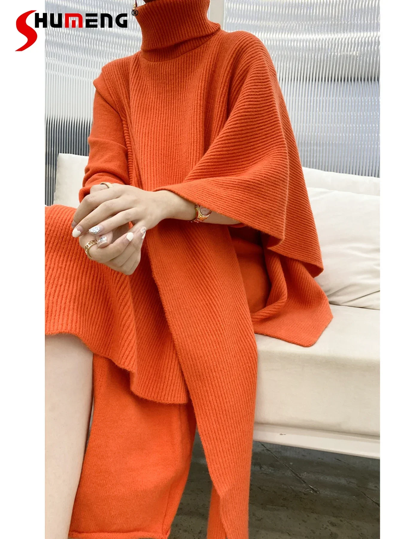 

Women's 2023 Autumn Winter New Two-Piece Set Fashion Knitted Loose Long Sleeve Cape Coat Feminine Loose Sweater Dress Knit Suits