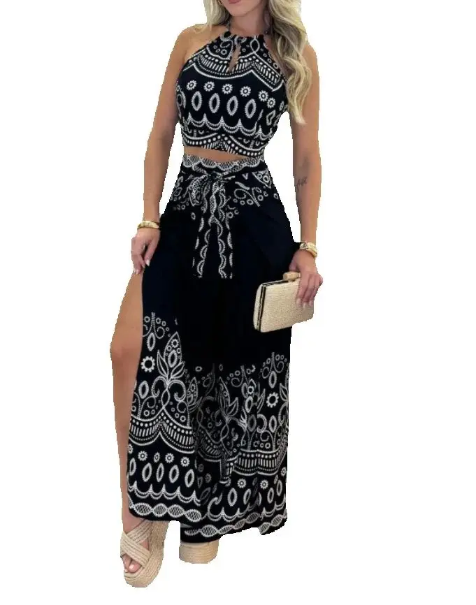 

Two Piece Set Women Outfit 2025 Spring Tribal Print Keyhole Neck Sleeveless Backless Top & Wide Leg Tied Detail Slit Pants Sets