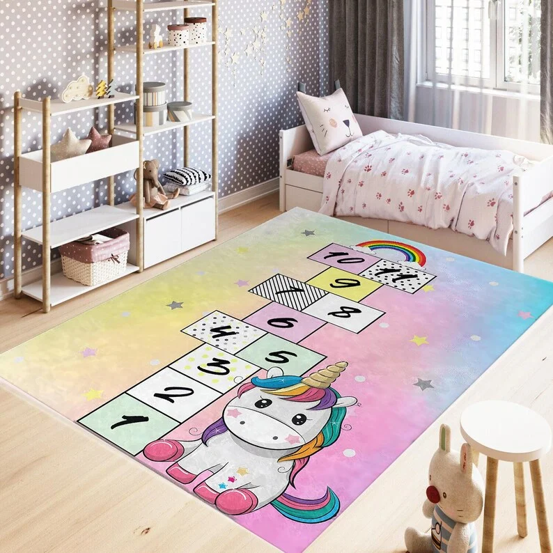 Kids Hopscotch Rug Cotton Play Mat Numbers Learning;Colorful; Unicorn Pattern Retro Home Decoration