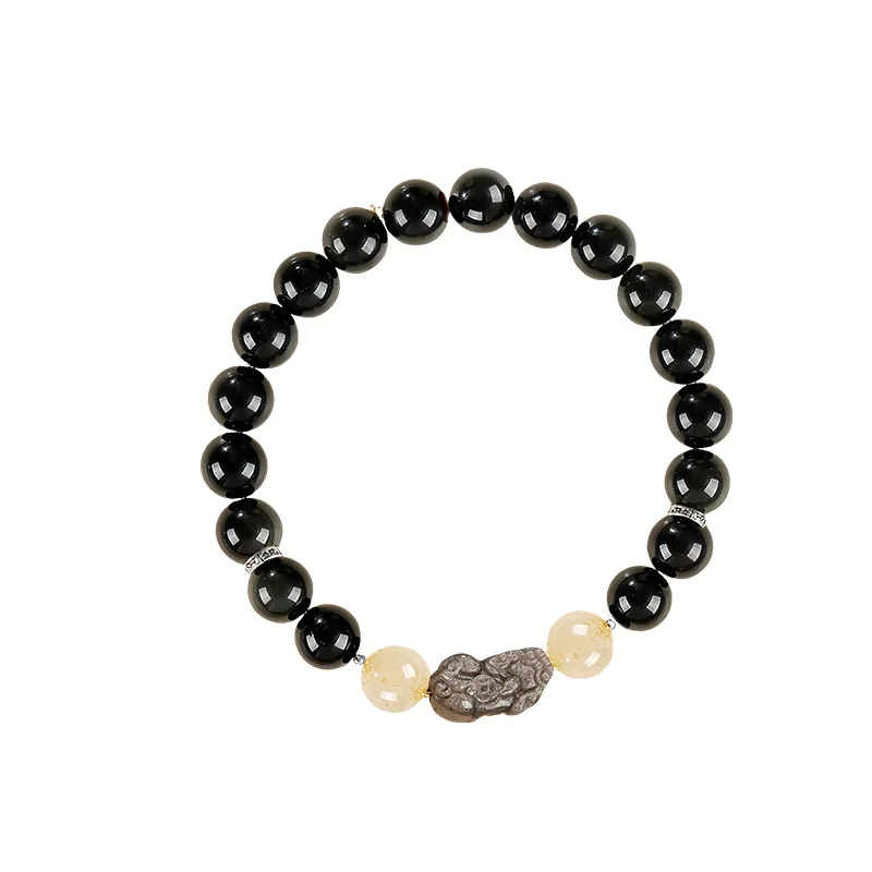 Natural Obsidian Strawberry Quartz & Pixiu Gold Rutilated Quartz Lucky Beads Couple Bracelet – Chinese Style Gift