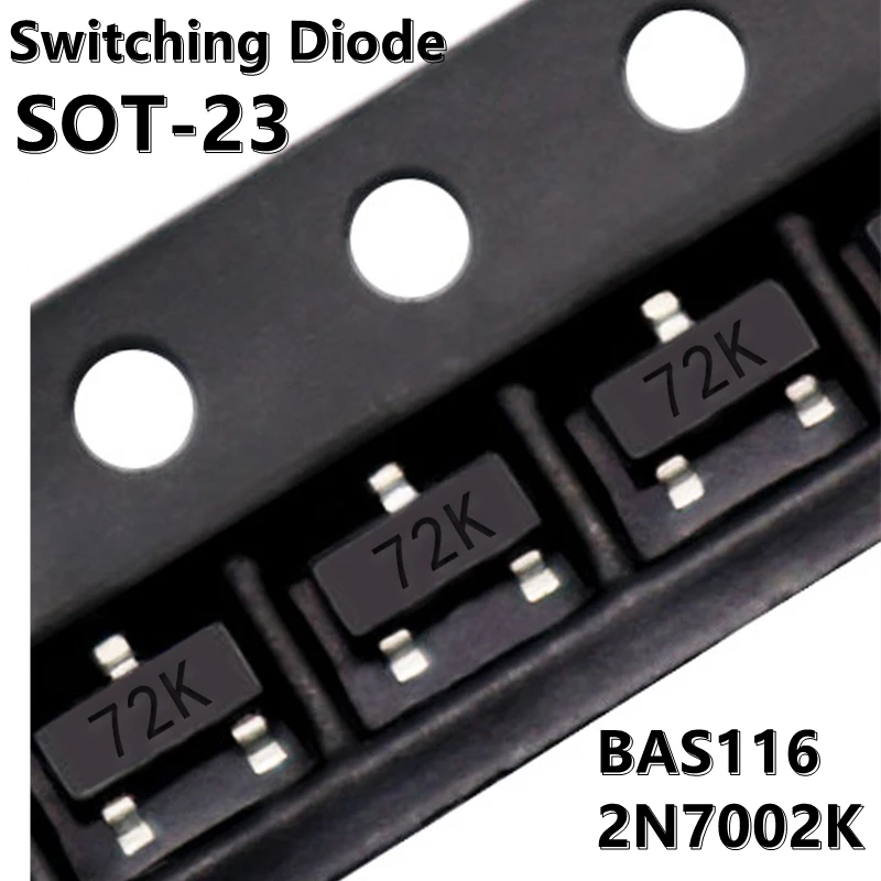 Diodo de comutação BAS116 JV, 2N7002K 72K SMD MOS FET SOT-23 N-Channel, 50pcs