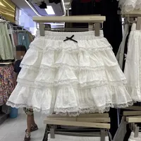 Sweet White French Lace Splicing Bow Cake Skirt for Women Summer New Retro Casual Loose High Waist Slimming Puffy Short Skirt