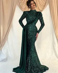 Vestidos de Noche de lentejuelas de terciopelo verde esmeralda para mujer, elegantes vestidos de fiesta formales de sirena de manga larga, Dubai, 2023