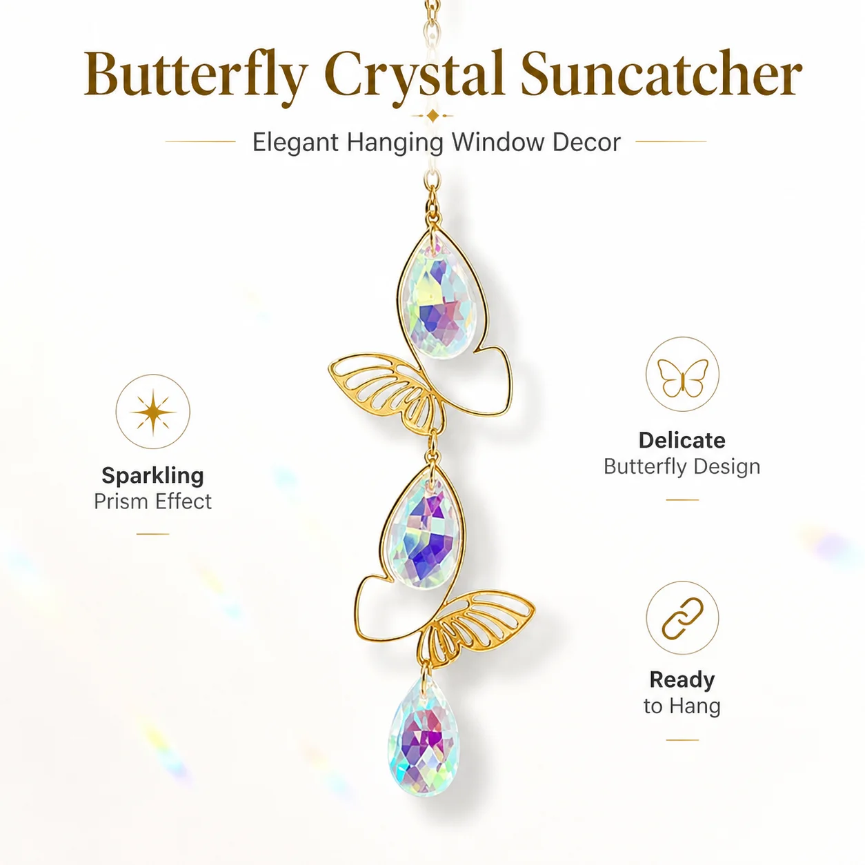 Butterfly Crystal Suncatcher Hanging Ornament, Gold Window Prism Decor, Rainbow Teardrop Pendant for Home Garden Gift Decoration