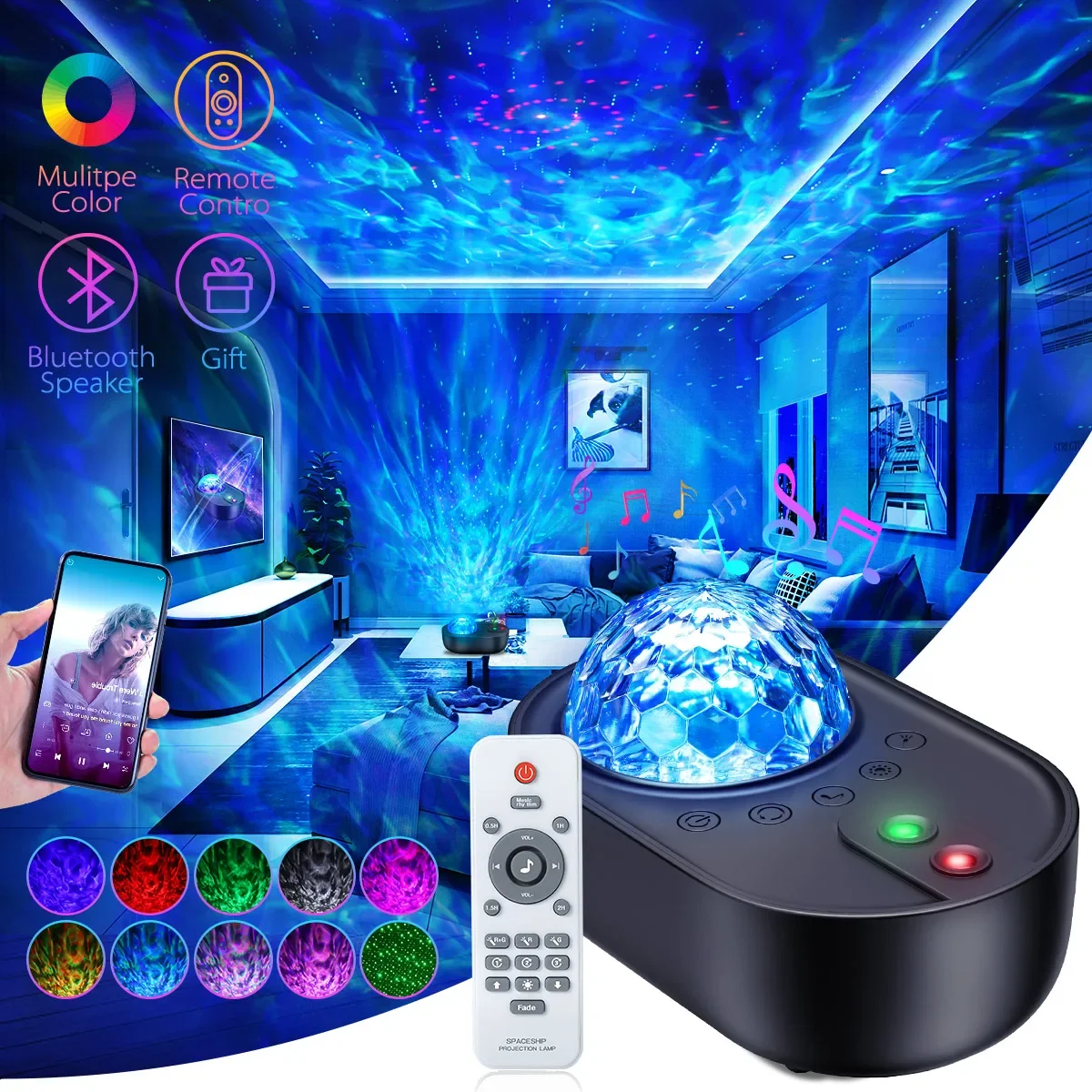 LED Galaxy Projector Night Light with Water Wave Starry Sky, Voice Control Music Player, USB, and LED Galaxy Lamp