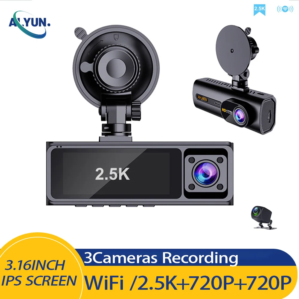 

3.16inch Dash Cam Car DVR WIFI HD 2.5K 3 lens Front Inside Rear Camera 4K Time-Lapse Video Black Box Vehicle Accessories