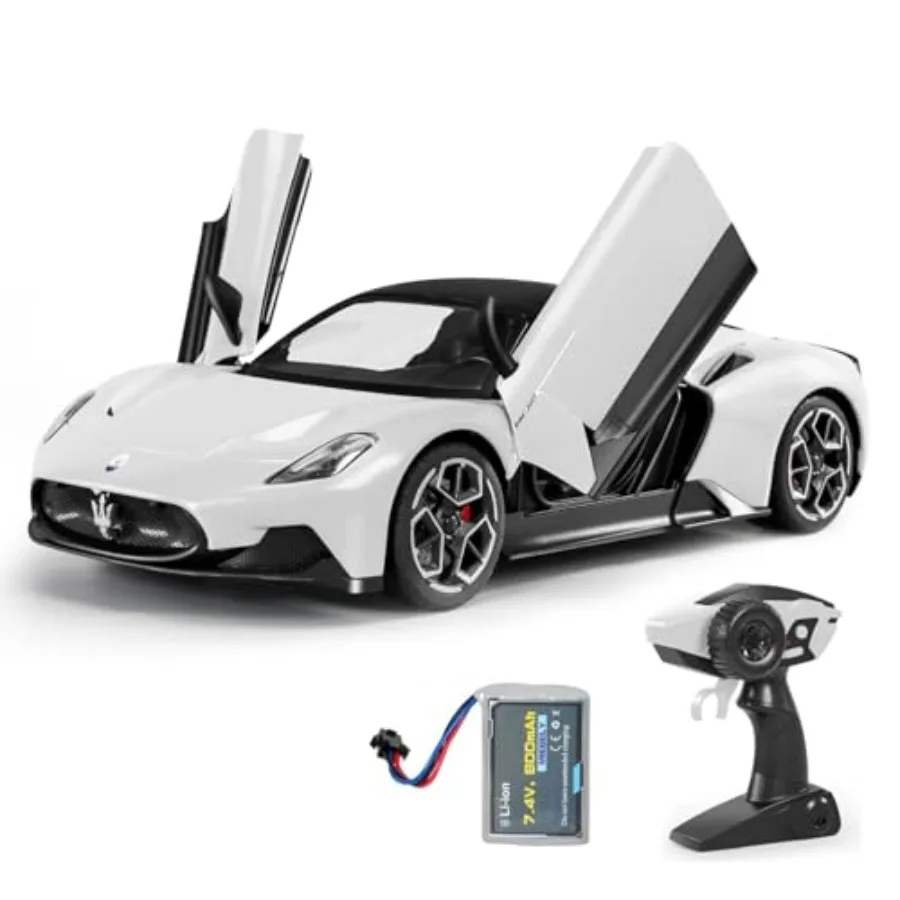

Remote control car for adults and kids white ABS plastic model with openable doors 1:12 scale 12 km/h speed LED lights 2.4 GHz