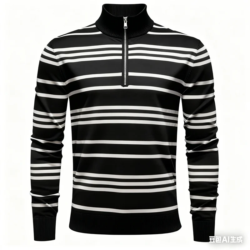 

Fashion 3D Minimalist Stripe Print Men's Long Sleeve Sweatshirts Autumn Business Casual Man Half-zip Stand Collar Shirt Clothing