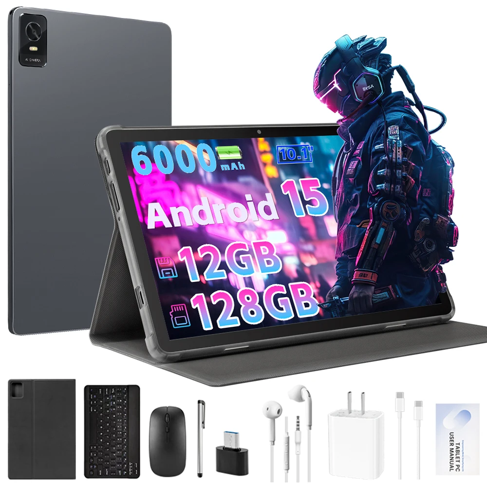 2025 최신 태블릿 10.1인치 안드로이드 15 태블릿, 12GB RAM 128GB ROM 옥타코어, 듀얼 카메라, 1TB 확장 가능, Widevine L1, 6000mAh