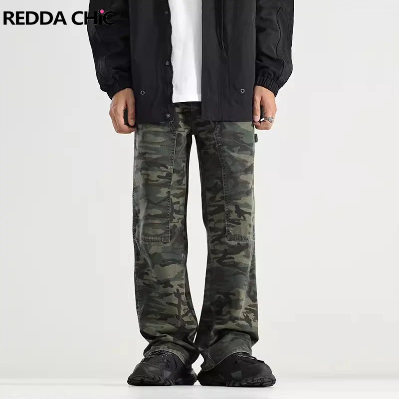 

REDDACHIC Men's Camouflage Print Baggy Jeans Retro Patchwork Straight Wide Leg Casual Cargo Pants Grunge Y2k Harajuku Streetwear