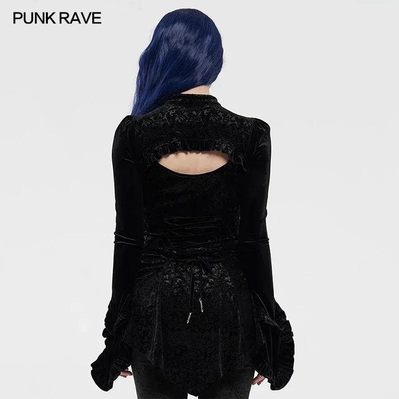 PUNK RAVE Women\'s Gothic Velvet Shadow Flower T-shirt Gorgeous Hollow Out Heart-shaped Bandeau Collar Irregular Cuff Top