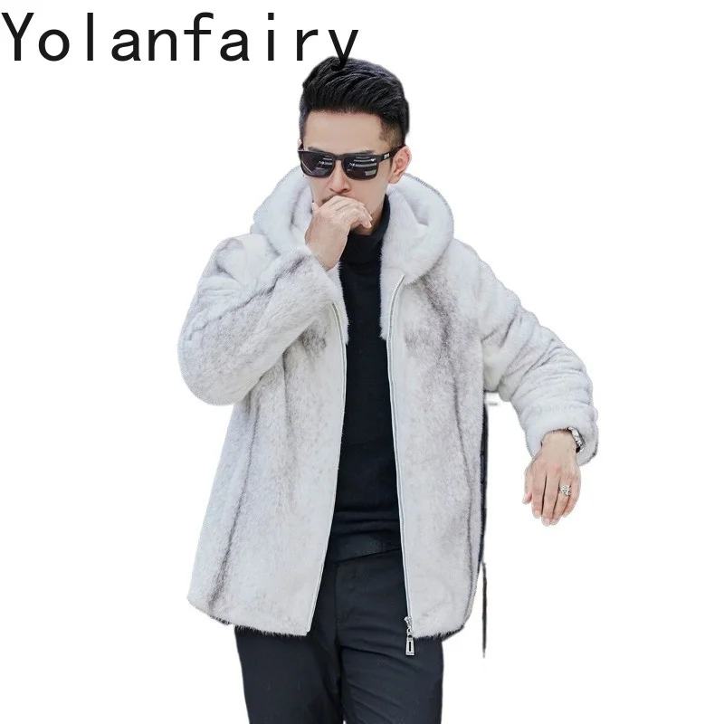 YOLANFAIRY High-end Whole Silver Cross Mink Real Fur Coat Men Winter Luxury Hood 100% Natural Mink Fur Jacket Man Clothing 2026
