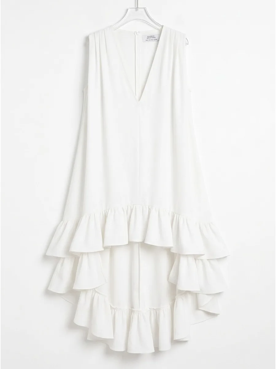 Missuoo Women's White Deep V Sleeveless Flowy Mini Dress Draped Shoulder High Low Ruffle Hem Loose Party Cocktail Short Gown