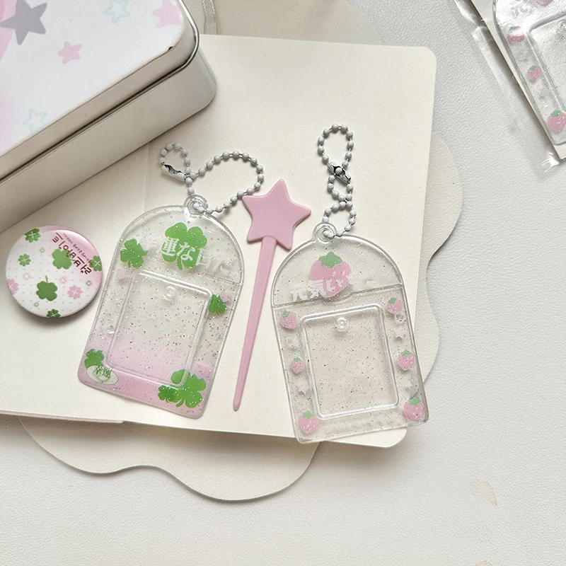 Original PVC Glitter Strawberry Cute Kpop 2 Inch Photocard Holder Card Sleeve Small Card Brick Schoolbag Keychain Pendant